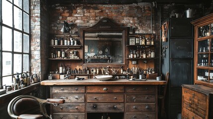 Rustic Barber Shop Interior with Antique Wooden Furniture and Apothecary Bottles, Evoking Nostalgia and Old-World Craftsmanship