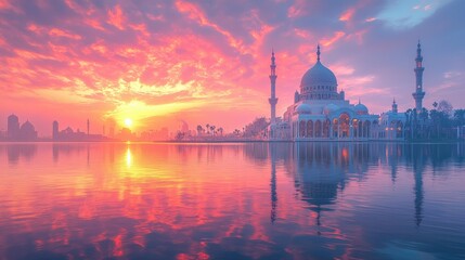 Fototapeta premium Majestic Mosque at Sunrise Over Calm Water