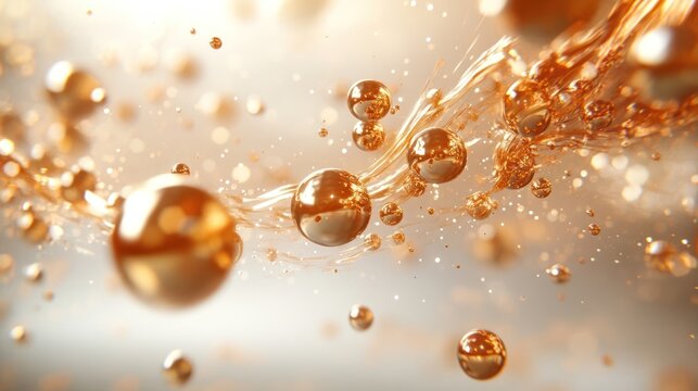 Golden liquid swirls, spheres, bokeh background, beauty ad