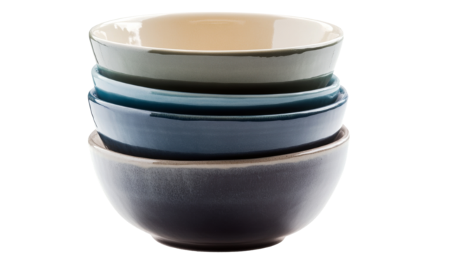 Four empty ceramic bowls stacked on transparent background