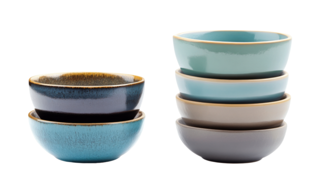 Colorful empty ceramic bowls stacked on transparent background