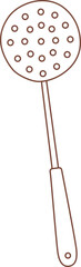 Simple brown line drawing of a skimmer, a kitchen utensil with a round perforated head and a long handle, ideal for lifting food out of liquids