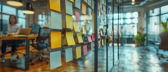 Creative workspace with colorful sticky notes and a focused employee engaged in project planning