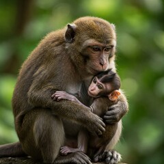 A tender moment between a mother monkey and her baby, as the mother lovingly embraces and protects her infant, set against a lush green natural background.