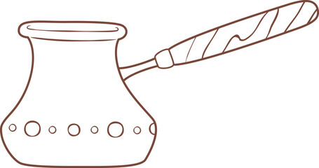Brown line drawing of a cezve with a long wooden handle, decorated with small circles, used for preparing turkish coffee, representing turkish culture and coffee brewing traditions