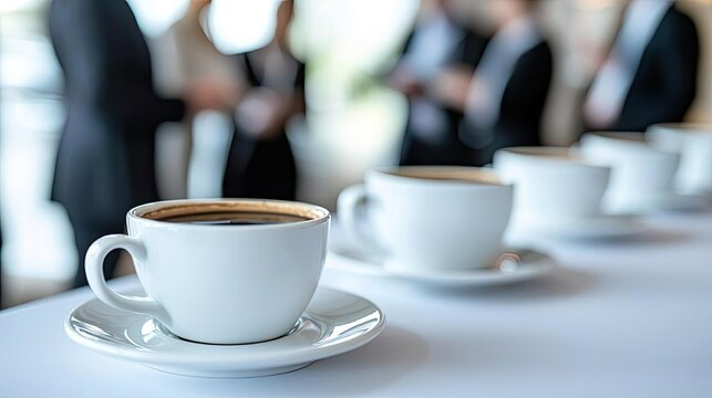 Networking event idea. A close-up of coffee cups on a table with blurred professionals in the background.