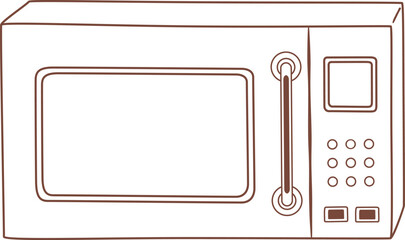 Simple brown line drawing of a microwave oven with handle, buttons, and digital display, ideal for representing cooking, reheating, or kitchen appliances