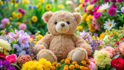 A cuddly teddy bear sitting on a pile of soft, fluffy toys