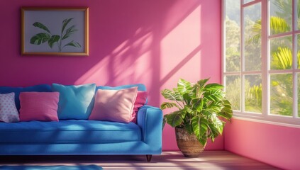 Sunlit pink room with blue sofa, pillows, plant.