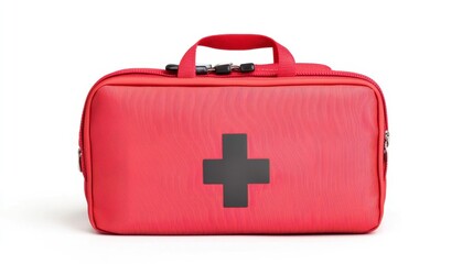 A bright red first aid kit with a black cross symbol, ideal for medical emergencies and portable care solutions.