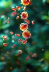 Obraz premium Floating microorganisms in nature - bacteria and microbes with green background