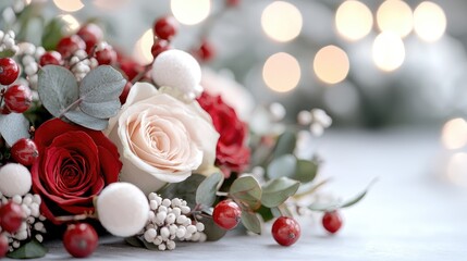 Festive red and cream roses bouquet, Christmas lights background, holiday card