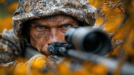 Soldier wearing camouflage focuses on target through a sniper rifle in autumn woods during a tactical exercise
