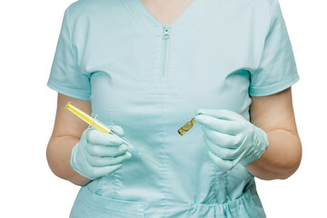 Female physician in gloves holding a syringe and an ampoule with medicine.