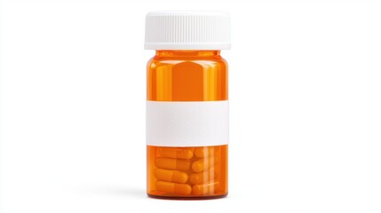 A prescription bottle filled with orange pills, featuring a white label and a secure cap, commonly used for medication storage.