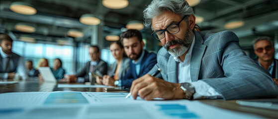 Business meeting in a modern office with professionals analyzing reports and discussing strategies