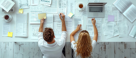 Collaborative work on research papers and data analysis at a modern workspace during the afternoon