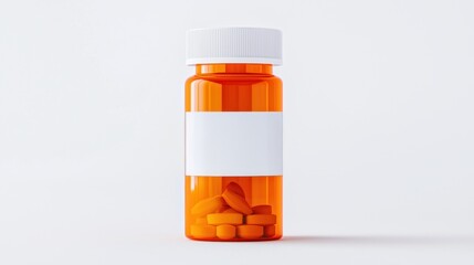 An orange prescription bottle with a white label, containing several pills, set against a plain background.