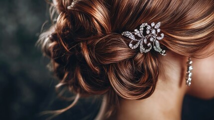 Naklejka premium A close-up of a young woman's hair, styled with a sparkling hair clip in an elegant updo.