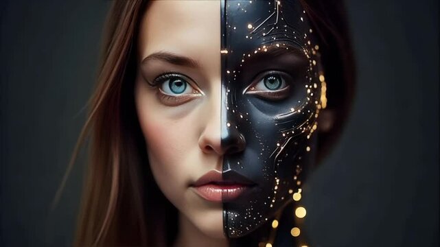 Half human, half metallic robot woman symbolizing AI, with a futuristic, mechanical design