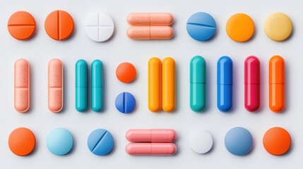 A colorful arrangement of various pills and capsules displayed on a light background, showcasing different shapes and colors.