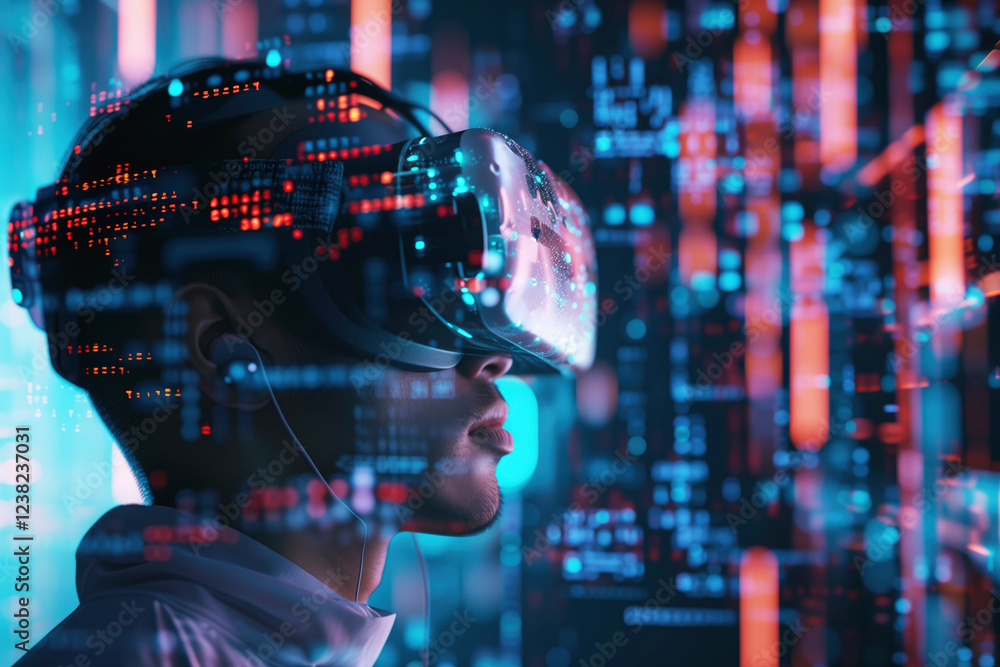 Poster cyberpunk hacker in neon light working with virtual reality headset surrounded by holographic matrix