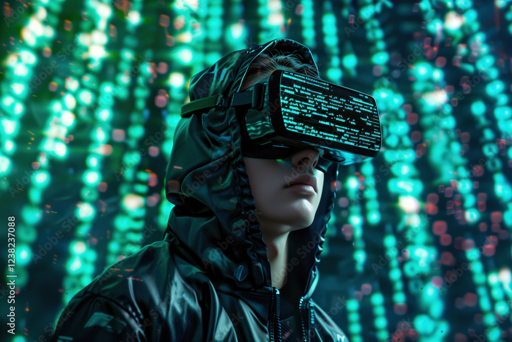Poster cyberpunk hacker in neon light working with virtual reality headset surrounded by holographic matrix