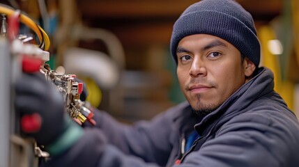 Hispanic male worker wearing a beanie, focused intently on industrial machinery. Image ideal for articles on skilled labor, manufacturing, and industrial maintenance.