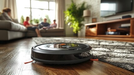 Robotic vacuum cleaner operates in a cozy living room with family sitting on the sofa