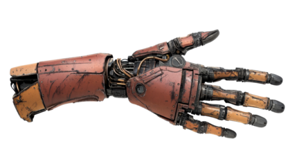 Robotic arm extended on transparent background: futuristic technology concept