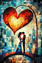 Valentine's Day meets cubism in a cosmic romance. Romantic Mosaic Artwork of Couple Under Heart-Shaped Love