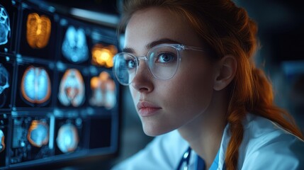 Medical professional analyzing complex imaging data in a futuristic laboratory setting