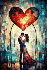 Valentine's Day meets cubism in a cosmic romance. Romantic Couple Embracing Beneath Heart-Shaped Art