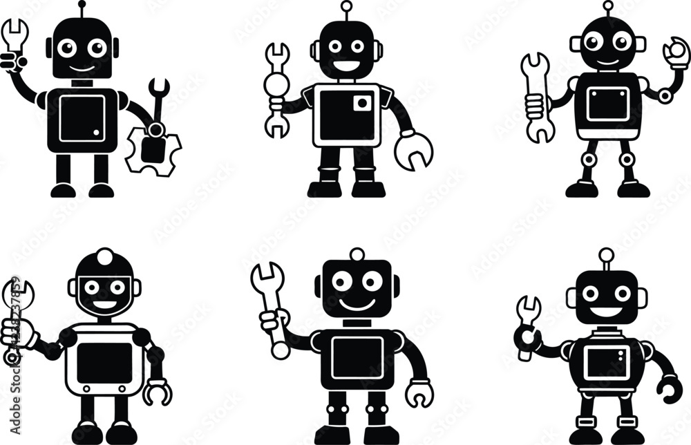 Poster mechanical robot set vector art, modern robot silhouette vector illustration, robot isolated vector 