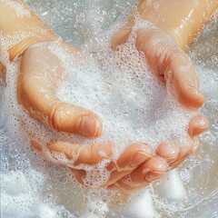 Fototapeta premium Close-up of hands holding soapy water with foam, bubbles in fresh and clean setting, emphasizing hygiene and cleanliness concept