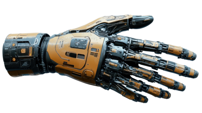 Robotic hand extending on transparent background, showing advanced technology