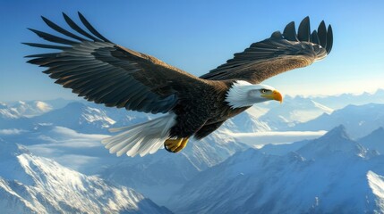 Obraz premium Majestic bald eagle soaring over snow-capped mountains in bright blue sky