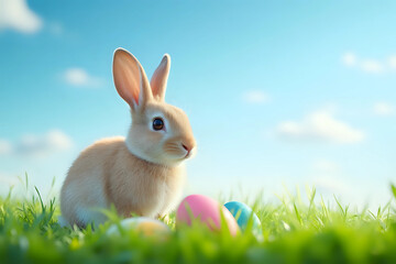 Obraz premium Rabbit and easter eggs in green grass with blue sky