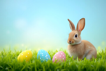Rabbit and easter eggs in green grass with blue sky