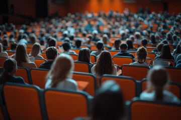 Large audience viewed from behind in an auditorium. Ideal for articles about conferences, education, or presentations.