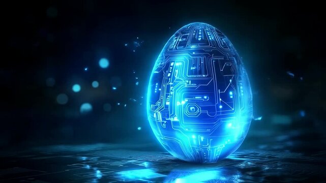 Shining neon Easter egg in tech futuristic style on dark blue background. Abstract 3d neon glowing egg with circuit board texture. Digital technology and ai concept
