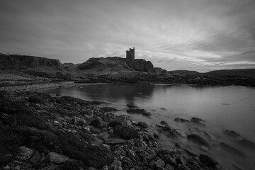 Black and white landscape image of Gylen Castle on the Isle of Kerrera, West Highlands, Scotland, UK.