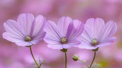 Fototapeta premium Three delicate pink cosmos flowers in bloom against soft background