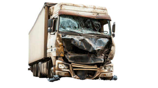 Crashed white delivery truck with broken windshield on transparent background