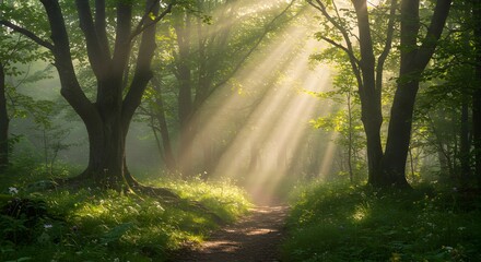 Obraz premium Sunbeams Through Forest Path Magical Nature Photography