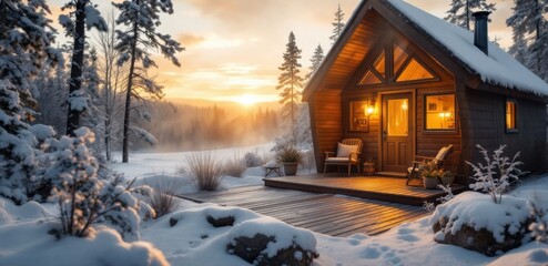 Cozy winter cabin in snowy forest landscape at sunset