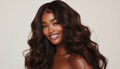 Naklejka premium Beautiful Woman with Long Wavy Brown Hair Smiling