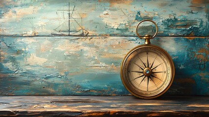 Vintage Compass on Weathered Wood with Seascape Background: A Journey of Exploration and Discovery © wesut