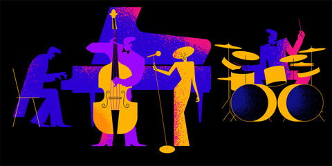 musicians on stage are multicolored with a texture on a black background. pianist, drummer, singer in abstract geometric style. stock vector illustration. EPS 10.
