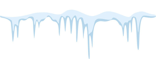 Seamless border of shiny light blue icicles hanging from the snowy roof during the cold winter season, creating a beautiful winter landscape